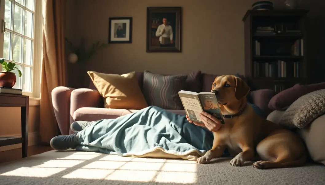 A person reading a dog-related fiction book with their real-life dog companion.