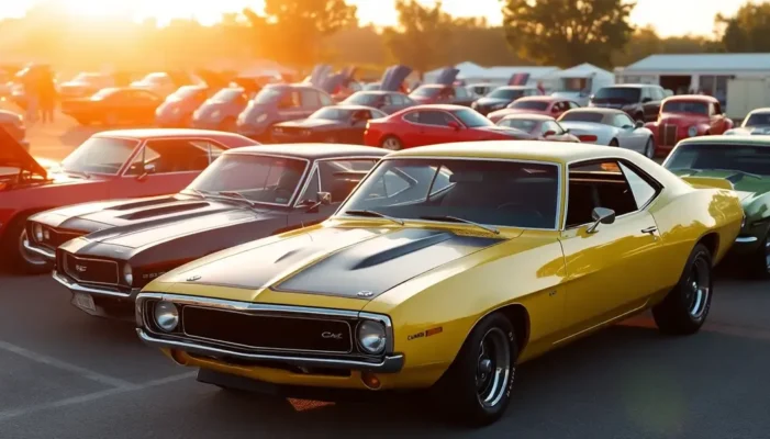 A collage of iconic muscle cars displayed at a classic car show.