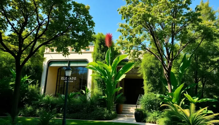 High-end boutique surrounded by nature, symbolizing luxury and sustainability.