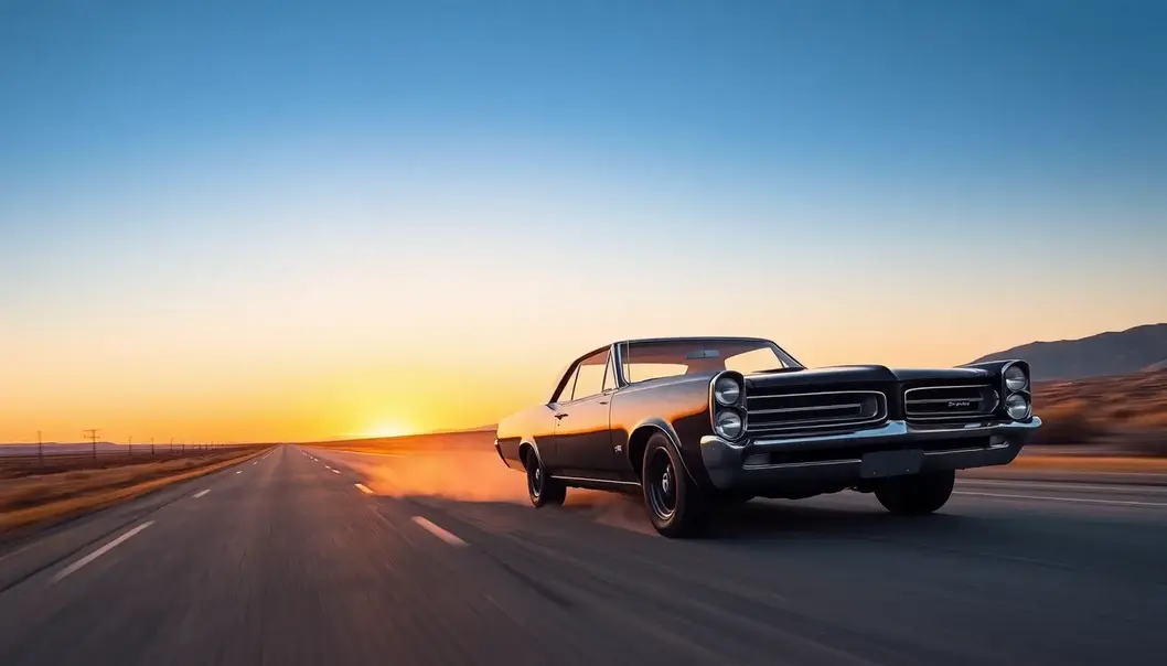 A 1964 Pontiac GTO showcasing speed and power on an open road.