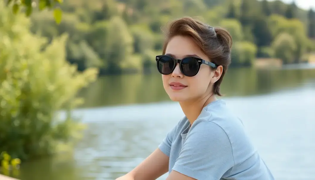 A teenager with a heart-shaped face flaunting stylish cat-eye sunglasses.