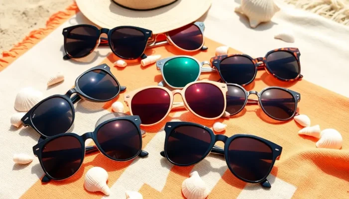Assorted sunglasses on a beach towel with seashells.