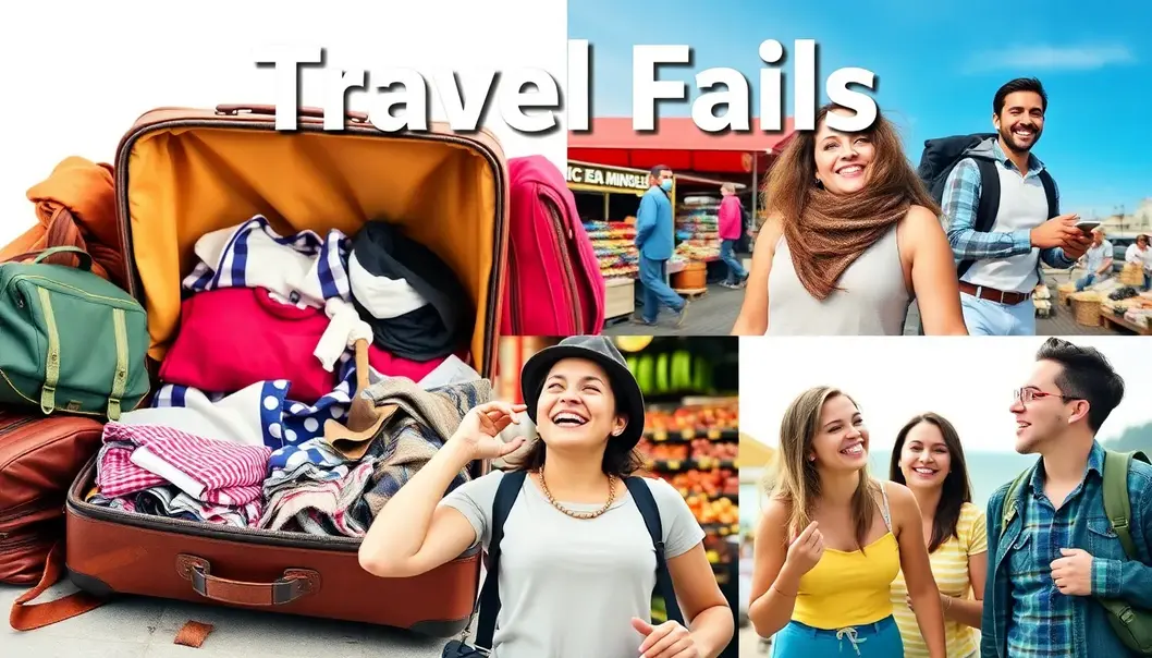 Collage of travelers in various humorous and unexpected travel situations.