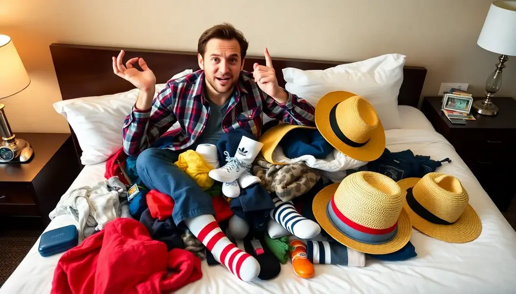 A traveler humorously struggling with mismatched packing.