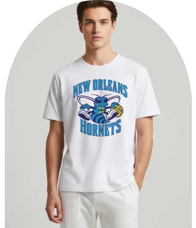 Male model wearing white T-shirt with New Orleans Hornets basketball logo, casual sportswear style