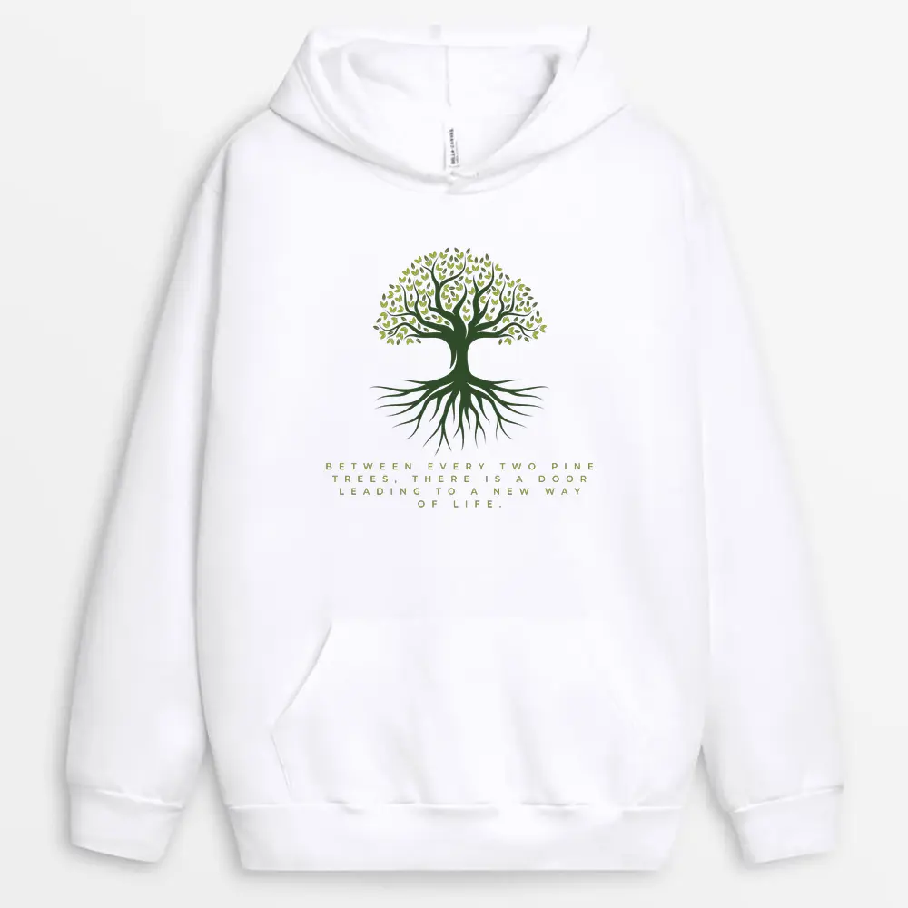 White hoodie with pine-framed doorway back print