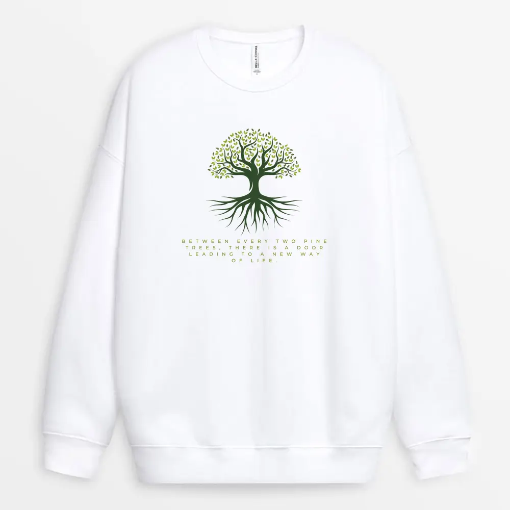 White sweatshirt with winding trail through pine forest graphic