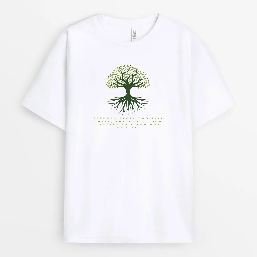White t-shirt with twin pine silhouettes framing a path
