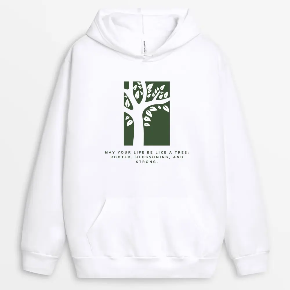White hoodie with embroidered blossom emblem and branch print