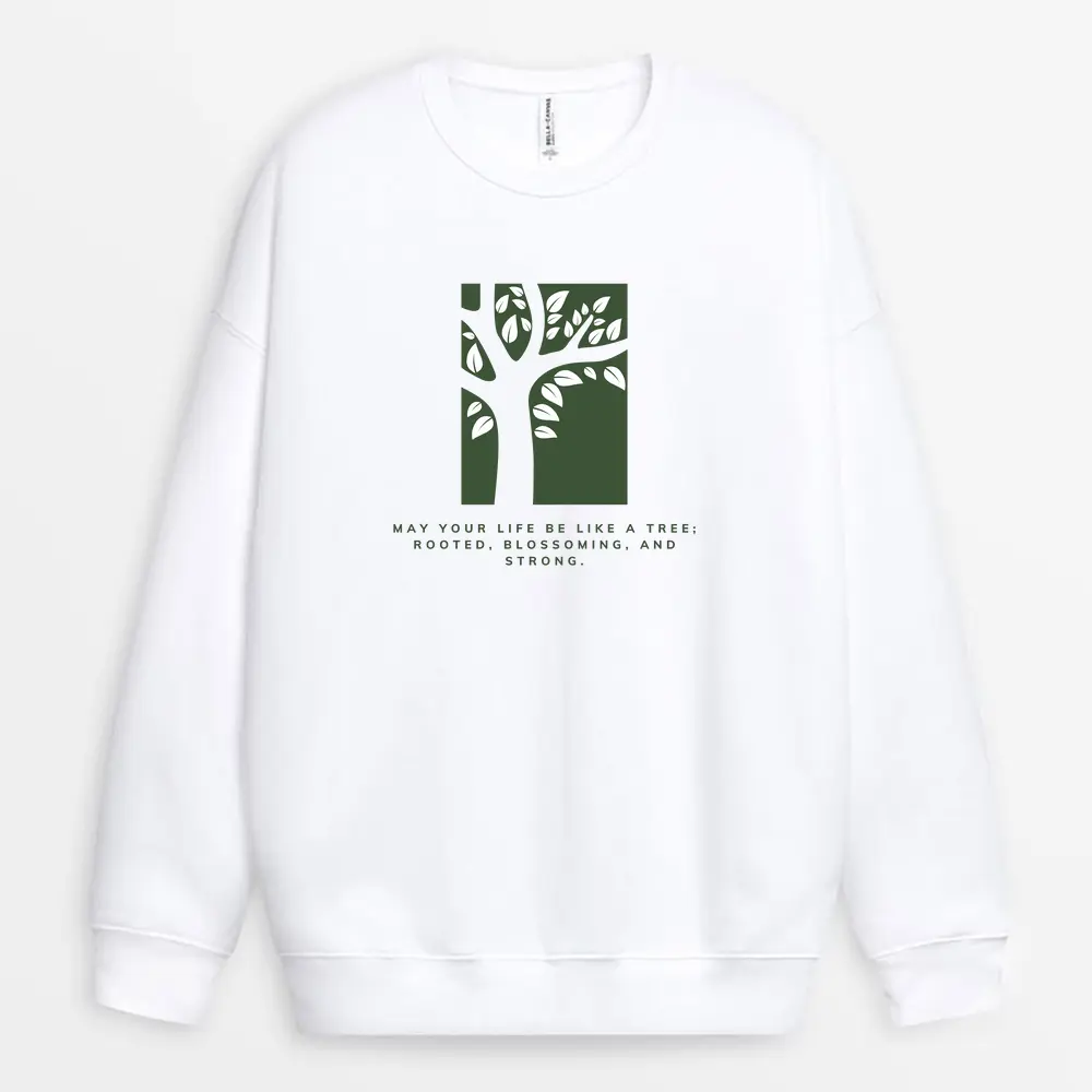 White crewneck sweatshirt with off-center trunk ring graphic