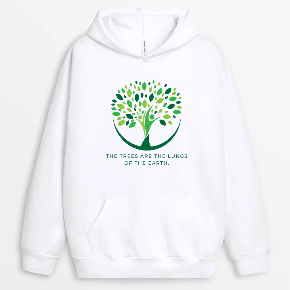 White hoodie with misty forest back print and leaf emblem