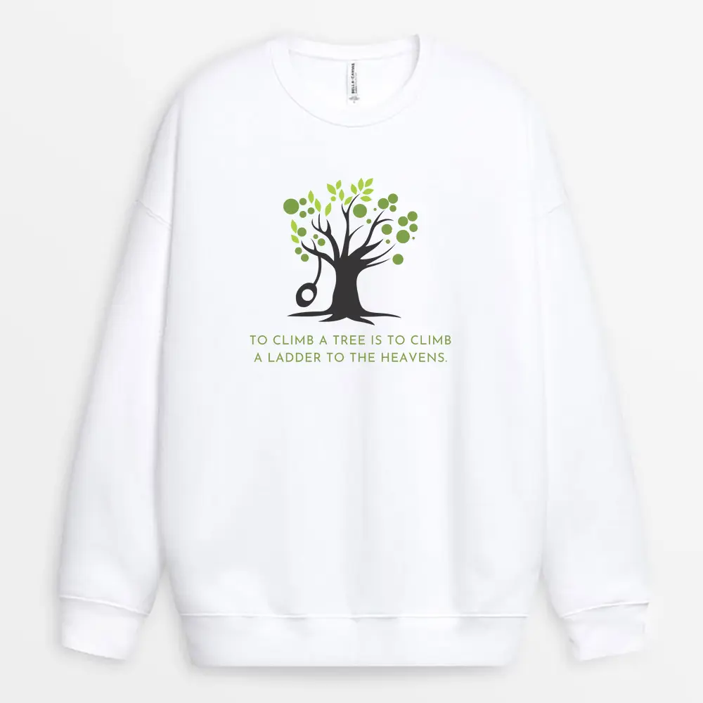White sweatshirt with subtle tree path graphic on back