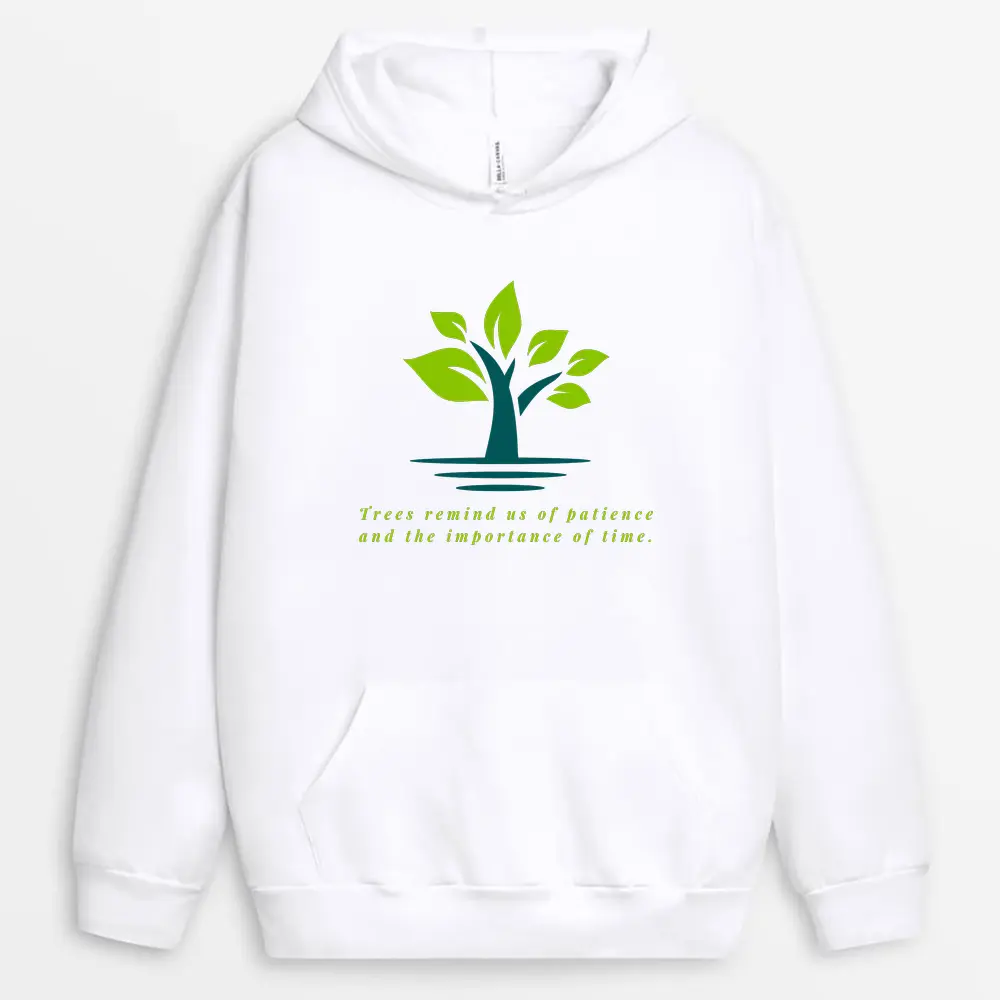 White hoodie with timeline and leaf sleeve print