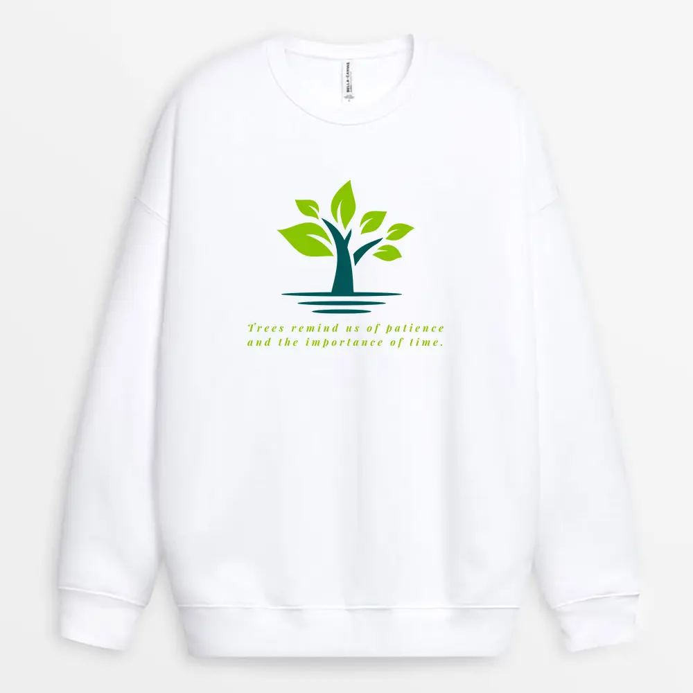 White sweatshirt with sprout graphic and faint tree outline